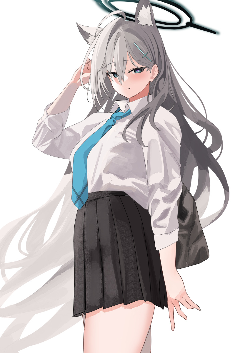 absurdres ahoge animal_ear_fluff animal_ears aqua_necktie black_skirt blue_archive blush breasts cosplay extra_ears female grey_hair halo highres large_breasts light_smile long_hair looking_at_viewer mismatched_pupils necktie pleated_skirt school_uniform shiroko_(blue_archive) shiroko_(blue_archive)_(cosplay) shiroko_terror_(blue_archive) shirt shirt_tucked_in simple_background skirt solo straight_hair tnr_(horiko1525) very_long_hair white_background white_shirt wolf_ears