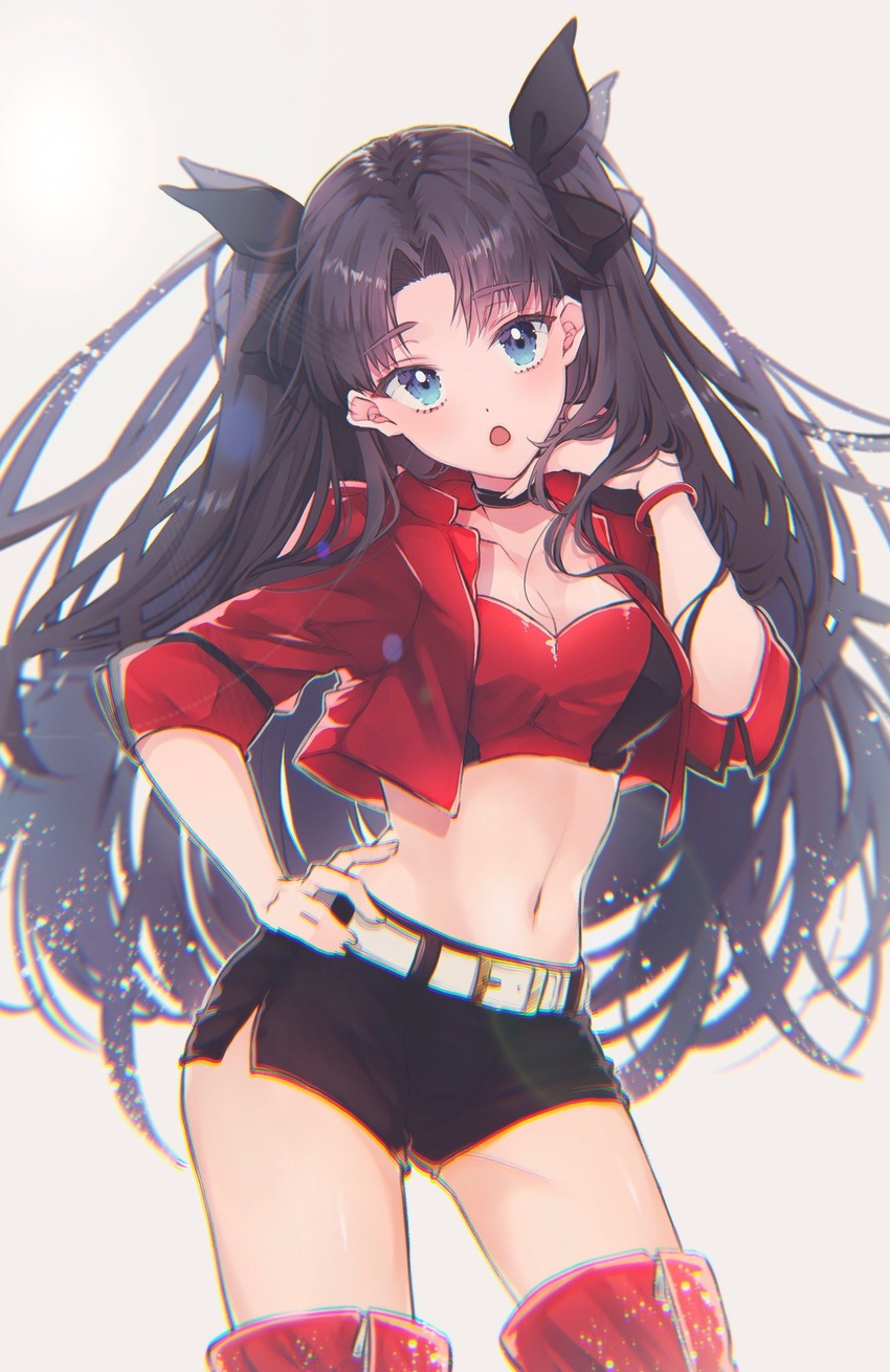 belt belt_buckle black_hair blue_eyes bracelet breasts buckle choker cleavage commentary_request cowboy_shot cropped_jacket fate/stay_night fate_(series) female hand_on_own_hip highres jacket jewelry long_hair looking_at_viewer medium_breasts midriff navel official_alternate_costume open_mouth red_jacket short_sleeves shorts solo standing suna_co thighhighs thighs tohsaka_rin twintails