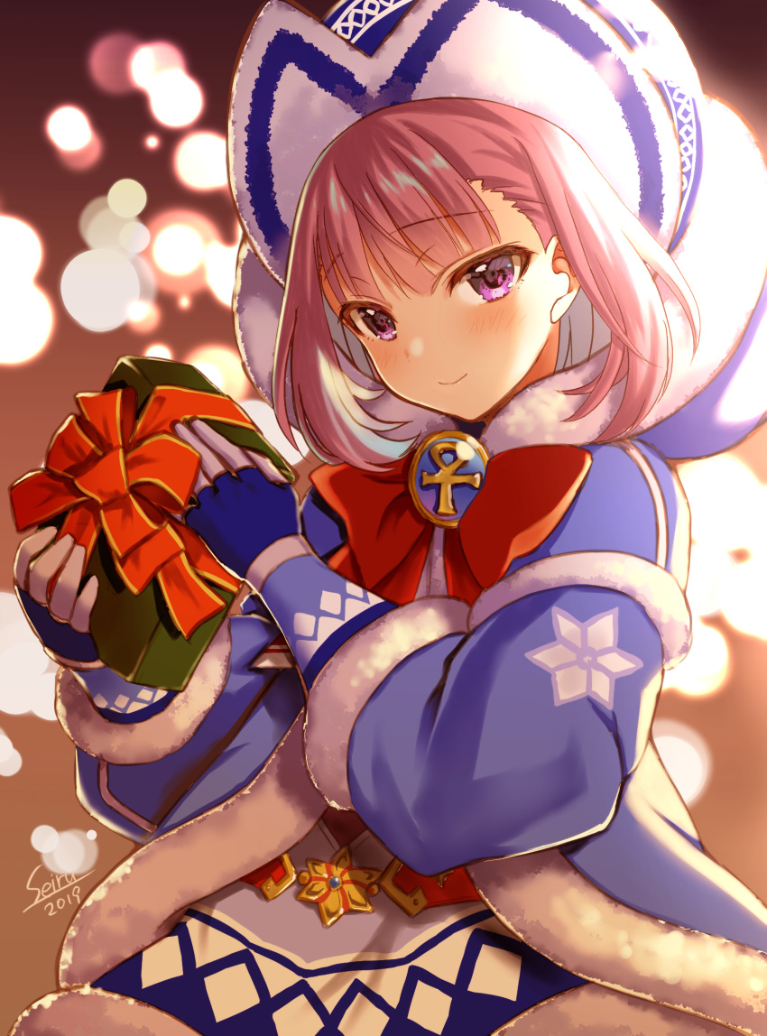 backlighting bad_id bad_pixiv_id badge beanie belt blue_coat blue_dress blue_gloves blue_hat blush bow box closed_mouth coat commentary_request dress fate/grand_order fate/grand_order_arcade fate_(series) female fur-trimmed_coat fur-trimmed_dress fur_trim gift gift_box gloves hat helena_blavatsky_(christmas)_(fate) helena_blavatsky_(fate) highres hood hooded_coat large_bow long_sleeves looking_at_viewer open_clothes open_coat purple_eyes purple_hair red_bow seiru_(prairie) short_hair smile solo