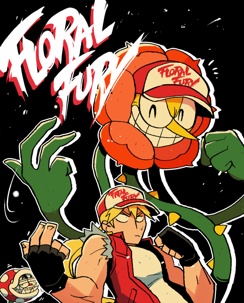 1boy ^_^ black_background black_gloves blonde_hair cagney_carnation clenched_hand closed_eyes copyright_name cuphead cuphead_(game) fatal_fury fatal_fury_cap fingerless_gloves flower gloves grin hat highres male_focus mario_(series) piranha_plant pun rariatto_(ganguri) red_vest shirt simple_background sleeveless smile super_smash_bros. sweat teeth terry_bogard the_king_of_fighters vest