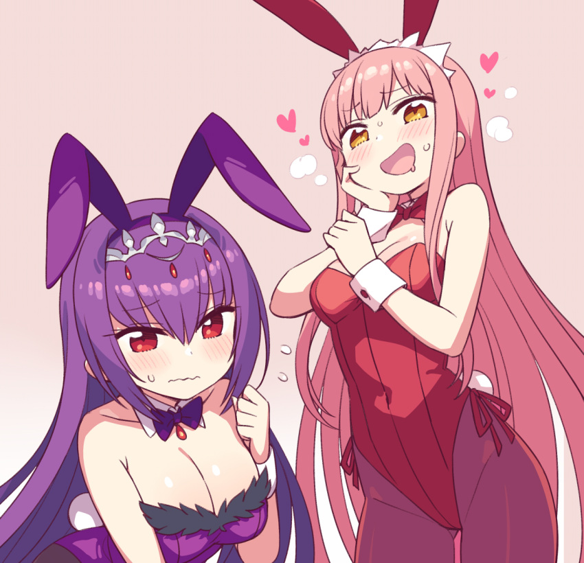 2girls alternate_costume animal_ears blush bow bowtie breasts brown_eyes chan_co cleavage commentary_request cosplay covered_navel detached_collar fake_animal_ears fate/grand_order fate_(series) hand_on_own_cheek hand_on_own_face heart large_breasts long_hair looking_at_viewer medb_(fate) multiple_girls official_alternate_costume open_mouth pantyhose pink_background pink_hair playboy_bunny purple_hair rabbit_ears red_eyes scathach_(fate) scathach_(fate)_(cosplay) scathach_(piercing_bunny)_(fate) scathach_skadi_(fate) simple_background wavy_mouth wrist_cuffs yuri