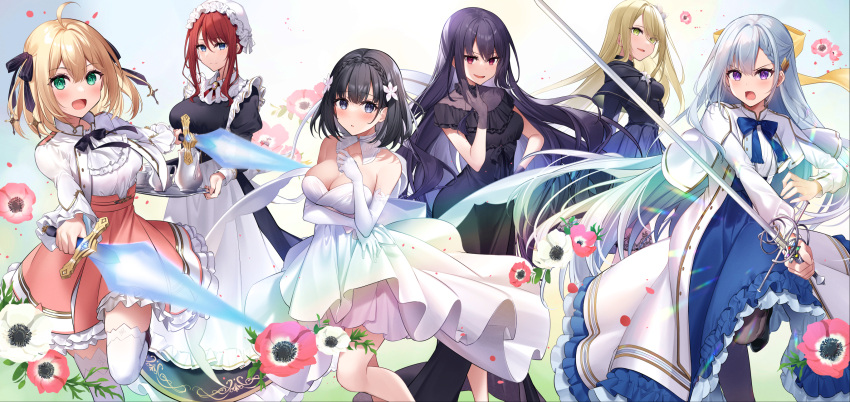 6+girls :d ahoge anisphia_wynn_palettia aqua_eyes black_dress black_hair black_pantyhose blonde_hair blue_bow blue_bowtie blue_skirt blush bow bowtie braid breasts capelet cleavage collarbone cover_image cropped_jacket cross crown_braid cup detached_collar dress dual_wielding elbow_gloves energy_sword euphyllia_magenta floating_hair flower from_side gloves hair_flower hair_ornament hair_ribbon hairbow half_updo hand_on_own_chest hat high-waist_skirt highres holding holding_sword holding_tray holding_weapon hood hooded_capelet ilia_coral jacket juliet_sleeves kisaragi_yuri lainie_cyan large_breasts light_smile long_hair long_jacket long_sleeves looking_to_the_side lumielle_rene_palettia maid military military_uniform mob_cap multiple_girls official_art open_clothes open_jacket pantyhose parted_lips pink_skirt pinstripe_bow puffy_sleeves purple_eyes purple_hair red_eyes red_hair ribbon short_hair skirt smile sword teacup teapot tensei_oujo_to_tensai_reijou_no_mahou_kakumei thighhighs tilty_claret tray two_side_up uniform very_long_hair weapon white_dress white_gloves white_jacket white_thighhighs yellow_bow yellow_ribbon zettai_ryouiki