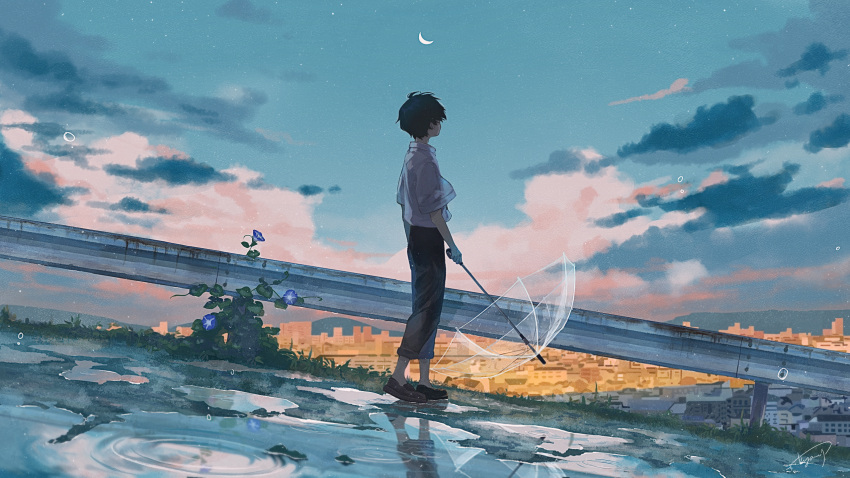 1boy aky_ami arms_at_sides black_hair blue_flower building cityscape cloud cloudy_sky collared_shirt commentary_request crescent_moon flower grass highres holding holding_umbrella looking_afar looking_away looking_up male_focus moon night night_sky original outdoors pants pants_rolled_up plant puddle railing reflection ripples road rust shirt shirt_tucked_in shoes short_hair signature sky solo standing star_(sky) transparent transparent_umbrella umbrella very_short_hair water white_shirt wide_shot wide_sleeves