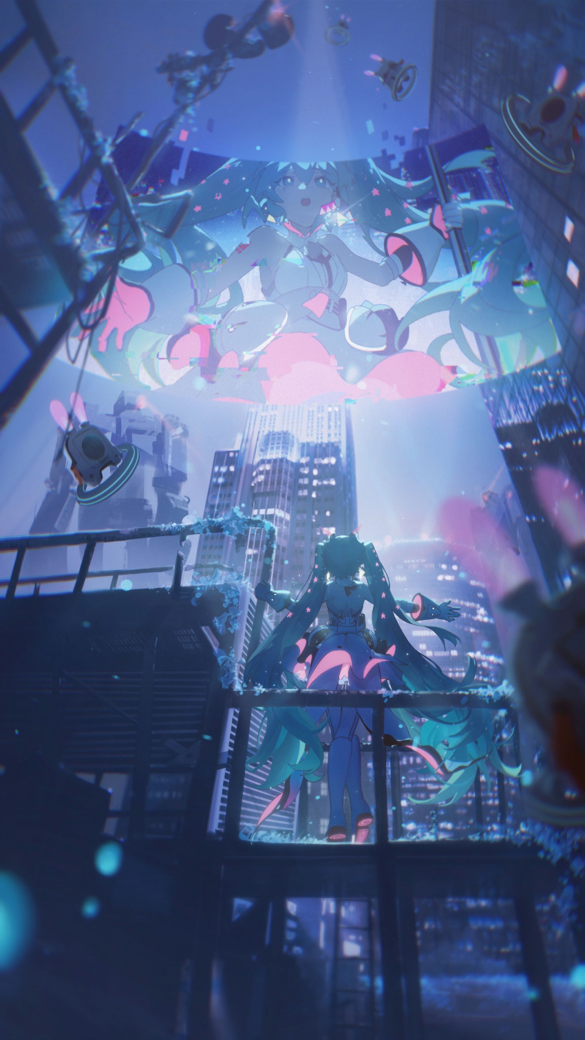 :o absurdres aqua_eyes aqua_hair building city commentary english_commentary facing_away female from_below galaxy_live_(vocaloid) gloves hair_between_eyes hatsune_miku highres holding holographic_monitor konya_karasue lonely_universe_(vocaloid) long_hair looking_up night outstretched_arms scenery skyscraper spread_arms standing twintails vocaloid