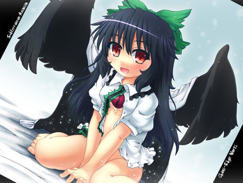 barefoot black_hair blush bottomless bow cape etogami_kazuya female green_bow hairbow highres long_hair no_panties open_clothes open_shirt red_eyes reiuji_utsuho shirt solo touhou wings