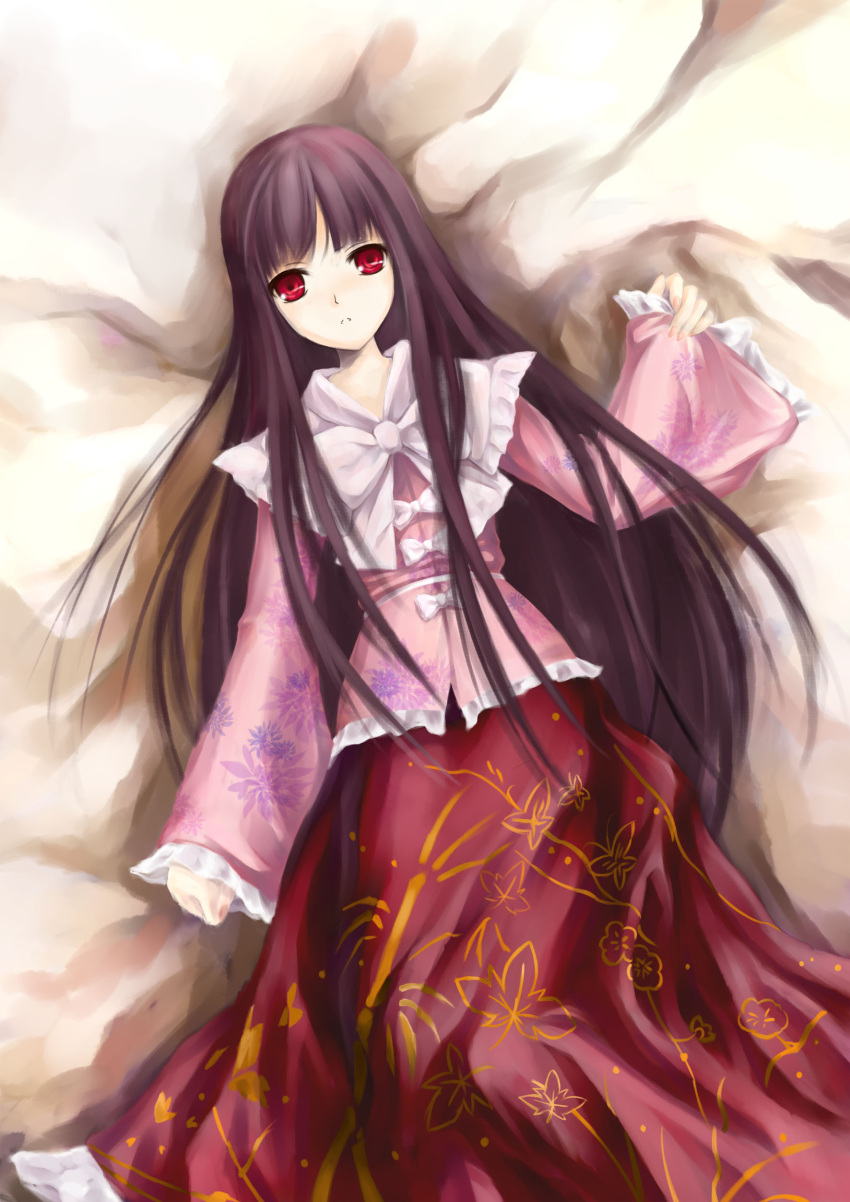 absurdres bed black_hair commentary_request female foreverchaos highres houraisan_kaguya japanese_clothes kimono long_hair long_skirt lying on_back photoshop_(medium) pink_kimono red_eyes skirt solo touhou