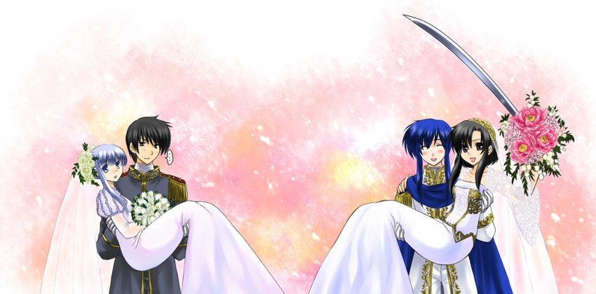 2boys 2girls 74 black_hair blue_eyes blush bouquet bridal_veil bride brother_and_sister cape carrying dress fire_emblem fire_emblem:_genealogy_of_the_holy_war flower grey_eyes highres julia_(fire_emblem) larcei_(fire_emblem) light_purple_hair multiple_boys multiple_girls princess_carry scathach_(fire_emblem) seliph_(fire_emblem) short_hair siblings smile sword veil weapon wedding wedding_dress