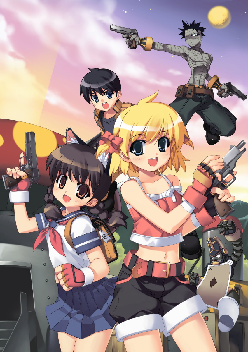 2boys 2girls absurdres animal_ears artist_request backpack bag bandages black_hair blonde_hair braid brown_hair cat_ears cocking_gun cyrus_(paper_man) dual_wielding fingerless_gloves gloves gun handgun hayate_(paper_man) highres holding holding_gun holding_weapon m1911 midriff millie_(paper_man) multiple_boys multiple_girls oerba_yun_fang paper_man school_uniform serafuku short_hair shorts skirt tina_(paper_man) trigger_discipline twin_braids weapon