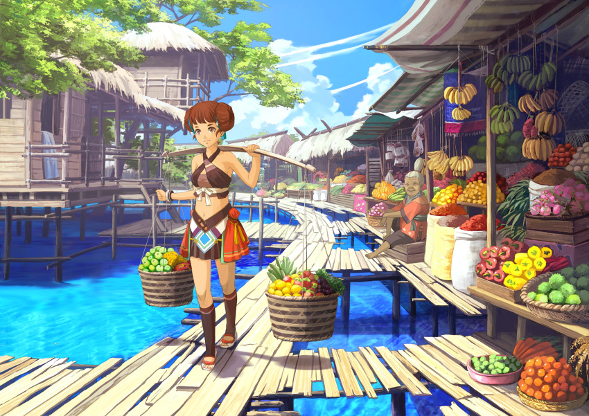 2girls banana basket bell_pepper brown_eyes brown_hair carrot carrying carrying_pole cloud commentary_request day double_bun food fruit hair_bun hanging_food harupy highres kneehighs mangosteen market midriff multiple_girls navel old old_woman original outdoors photoshop_(medium) red_pepper sandals scenery sky socks stilt_house thatched_roof tropical vegetable village walking water white_hair yellow_pepper