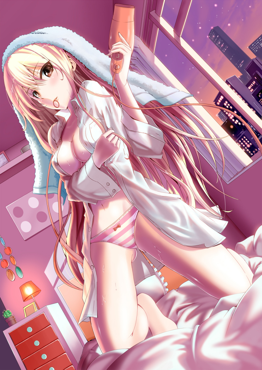 bed blonde_hair breasts brown_eyes cleavage commentary_request dress_shirt female hair_dryer highres kneeling long_hair medium_breasts navel no_bra no_pants open_clothes open_shirt original panties poo_(saku) shirt solo striped_clothes striped_panties towel underwear very_long_hair white_shirt