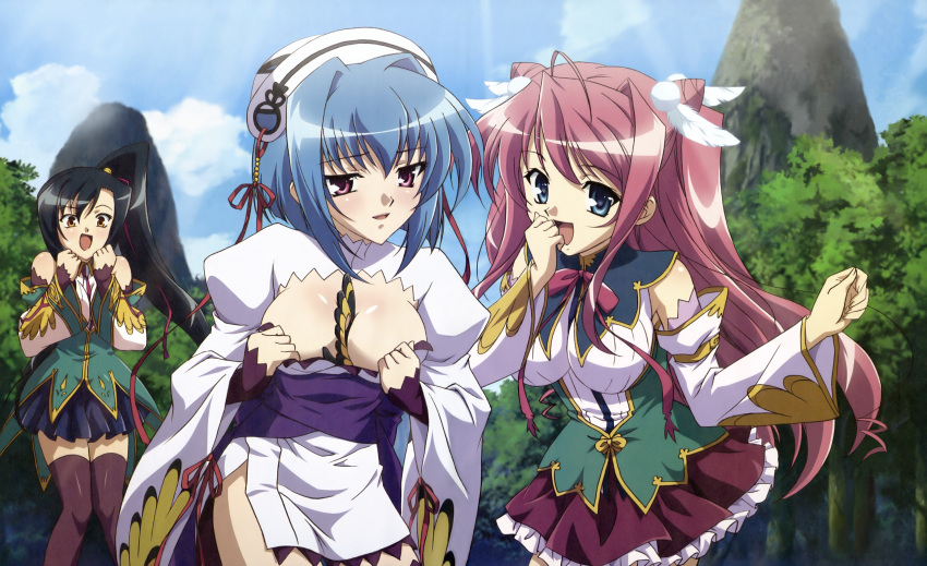 3girls absurdres bare_shoulders black_hair blue_eyes blue_hair blush breasts brown_eyes chouun cleavage cloud cone_hair_bun day detached_sleeves detexted feathers hair_bun hat highres hiratsuka_tomoya imageboard_desourced kan'u_(koihime_musou) koihime_musou large_breasts long_hair multiple_girls non-web_source official_art pink_eyes ponytail red_hair ribbon ryuubi short_hair sky teasing thighhighs third-party_edit very_long_hair