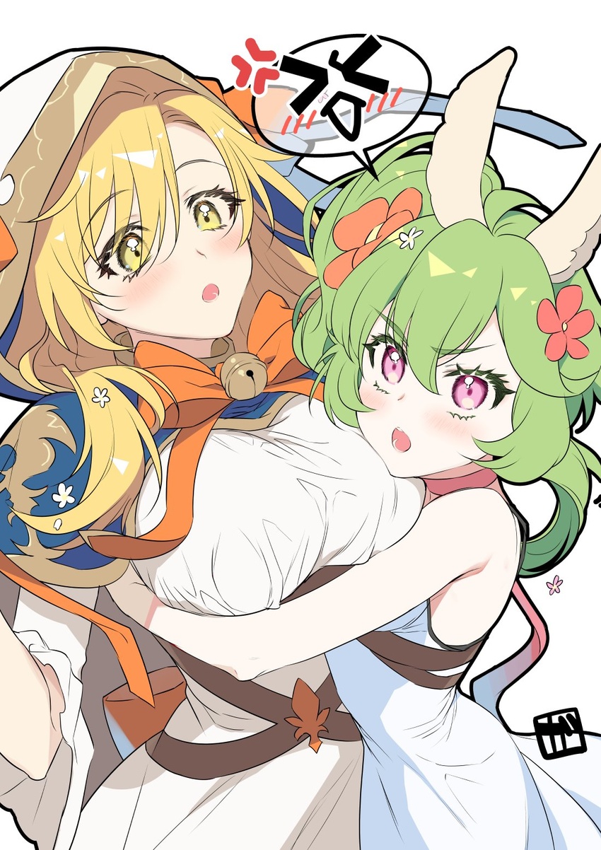 2girls alpaca_ears animal_ears bad_id bad_twitter_id bare_shoulders blonde_hair breasts capelet dress flower flower_girl_bari gdtl_gawain1 green_hair guardian_tales hair_flower hair_ornament highres hug large_breasts looking_at_another mayreel_(guardian_tales) multiple_girls open_mouth pink_eyes side_ponytail sleeveless speech_bubble white_background white_dress yellow_eyes