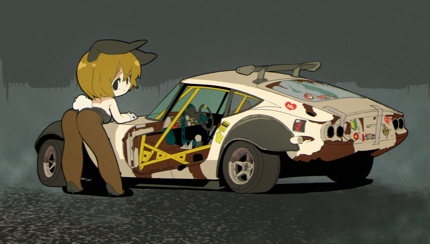 animal_ears bent_over black_hair brown_hair car chibi comme_des_garcons fake_animal_ears female highres looking_back motor_vehicle new_era original playboy_bunny rabbit_ears rabbit_tail rikona rust short_hair sports_car stance_(vehicle) tail toyota toyota_2000gt vans vehicle_focus