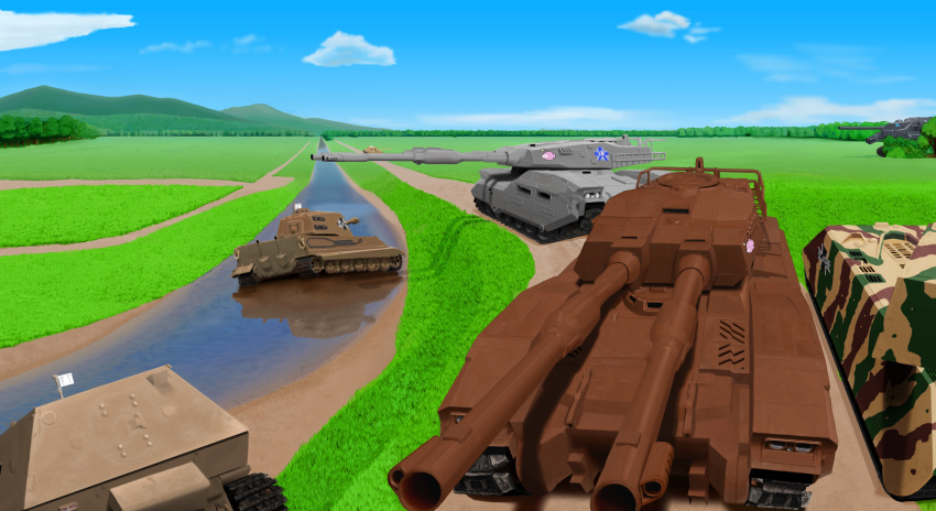 blue_sky caterpillar_tracks cloud commentary_request day emblem flag forest girls_und_panzer grass gundam guntank highres jagdpanther kuromorimine_(emblem) maus_(tank) military military_vehicle mobile_suit_gundam motor_vehicle mountain nature no_humans ooarai_(emblem) outdoors river sky tank tiger_ii tree type_61_(gundam) vehicle_focus water white_flag wwwww_(sswwwww)