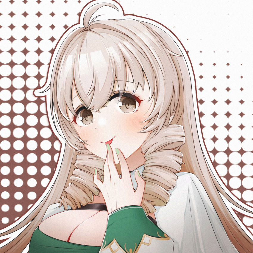 :p ahoge andrea_doria_(azur_lane) azur_lane bad_id bad_pixiv_id blush breasts brown_eyes brown_hair chinese_commentary cleavage commentary_request crossed_bangs dotted_background dress drill_hair female finger_to_mouth ggwy green_nails hair_between_eyes hand_up highres large_breasts light_brown_hair long_hair long_sleeves looking_at_viewer smile solo tongue tongue_out twin_drills upper_body