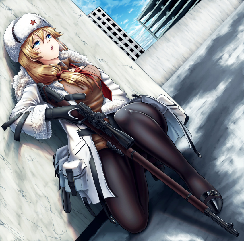 black_footwear black_gloves black_pantyhose blonde_hair blue_eyes bolt_action breasts city coat female fur_hat girls'_frontline gloves gun hand_on_weapon hat highres holding holding_weapon long_hair looking_away medium_breasts mosin-nagant mosin-nagant_(girls'_frontline) mosin-nagant_(mod3)_(girls'_frontline) necktie on_one_knee open_mouth pantyhose red_necktie red_star rifle scar scrson shoes side_ponytail sniper_rifle solo standing standing_on_one_leg star_(symbol) ushanka weapon white_coat white_hat