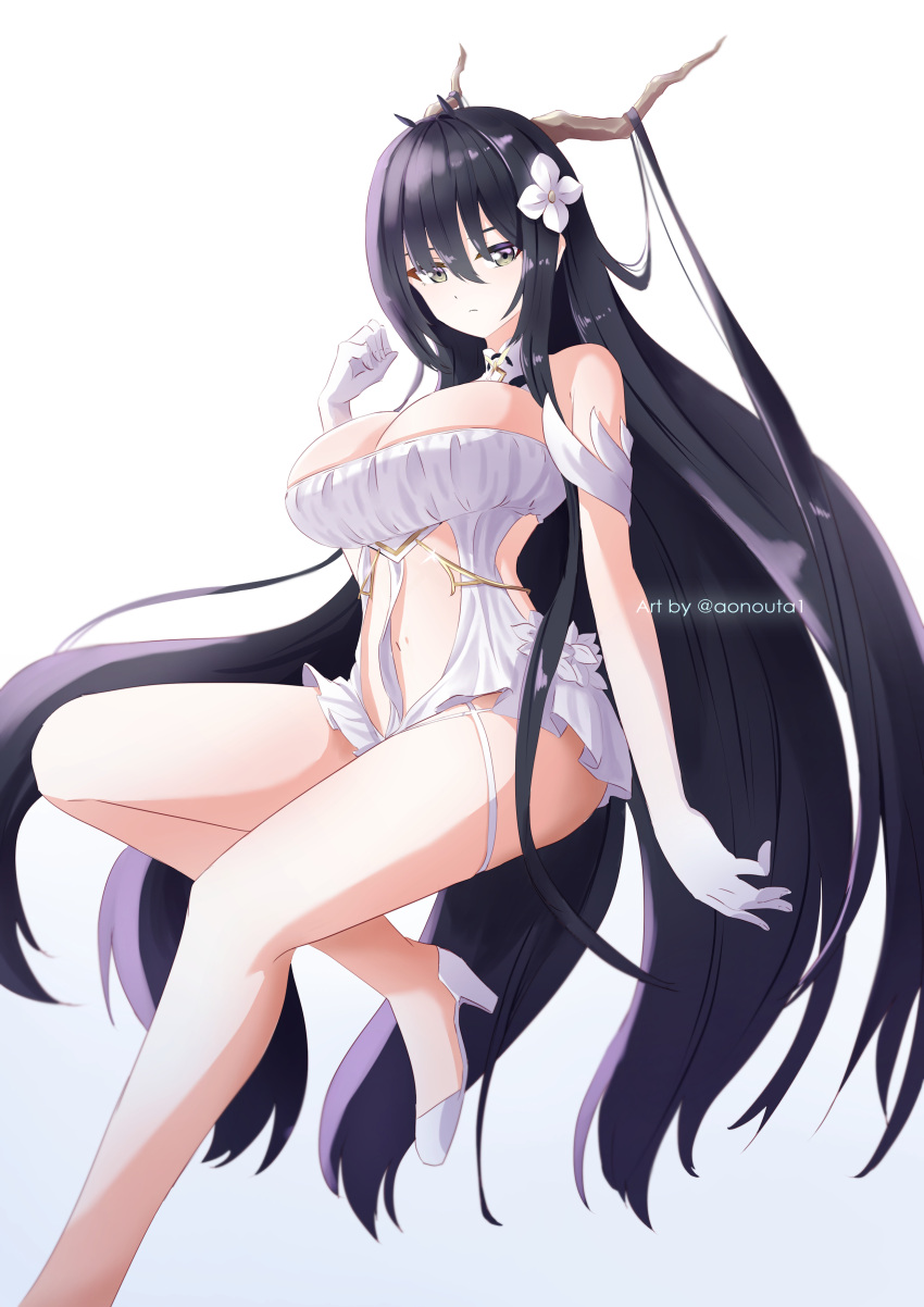 absurdres aonouta artist_name azur_lane bare_shoulders black_hair breasts cleavage dress female flower foot_out_of_frame gloves hair_flower hair_horns hair_ornament high_heels highres indomitable_(azur_lane) large_breasts long_hair looking_at_viewer simple_background solo very_long_hair white_background white_dress white_flower white_footwear white_gloves yellow_eyes