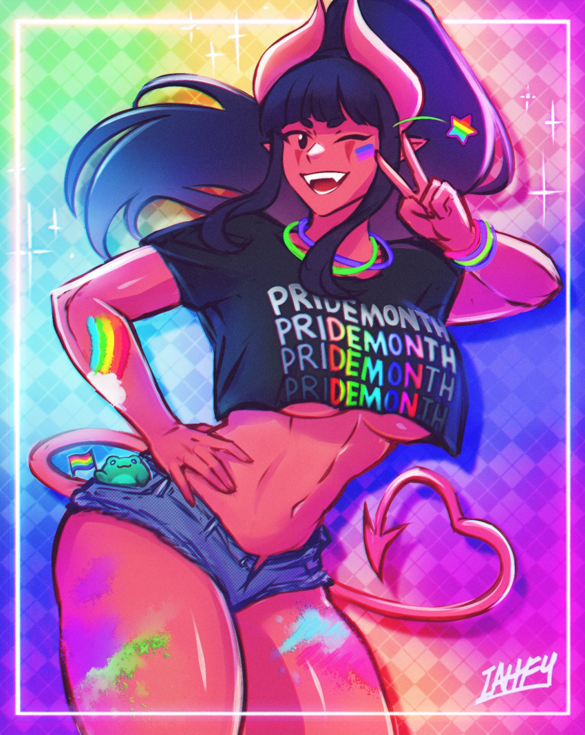 ;d artist_name black_hair blunt_bangs breasts commentary cowboy_shot crop_top cropped_shirt demon_girl demon_horns demon_tail denim denim_shorts fangs female hand_on_own_hip heart heart_tail highres horns iahfy large_breasts lgbt_pride meme midriff navel one_eye_closed open_mouth original pointy_ears ponytail pri-demon-th_(meme) pride_month rainbow_flag short_shorts short_sleeves shorts smile solo star_(symbol) symbol-only_commentary synth_(iahfy) tail teeth tongue underboob v watermark