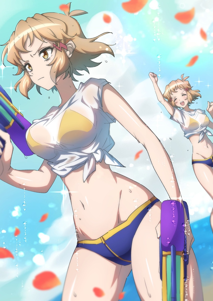 2girls arm_up bikini blonde_hair blush breasts closed_mouth commentary_request day dual_persona groin hair_ornament hairclip highres large_breasts multicolored_bikini multicolored_clothes multiple_girls navel open_mouth outdoors see-through senki_zesshou_symphogear senki_zesshou_symphogear_xd_unlimited short_hair smile swimsuit tachibana_hibiki_(symphogear) tachibana_hibiki_(symphogear)_(another) water_gun wet wet_clothes yellow_eyes yukitsuba_hina