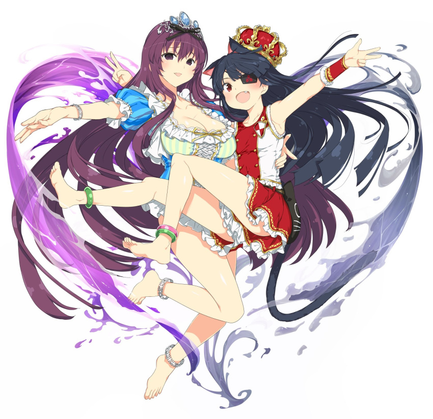 2girls animal_ears anklet armlet armpits barefoot black_hair black_ribbon blue_dress blue_gemstone blunt_bangs blunt_ends blush bracelet breasts buttons carrying carrying_person cat_ears center_frills cleavage collarbone crown double-breasted double_v dress eyepatch flat_chest fleur-de-lis frilled_dress frilled_skirt frills fur-trimmed_bracer gem gold green_anklet green_dress hair_between_eyes hair_ribbon highres jewelry kandagawa_jet_girls large_breasts long_hair looking_at_viewer mirai_(senran_kagura) multicolored_clothes multicolored_dress multiple_girls murasaki_(senran_kagura) oerba_yun_fang official_alternate_costume official_art open_mouth pink_anklet purple_eyes purple_hair red_dress red_eyes red_skirt ribbon senran_kagura senran_kagura_shinovi_versus senran_kagura_shoujo-tachi_no_shin'ei shiny_skin sidelocks simple_background skirt smile splashing tiara tomoe_(symbol) tongue two-tone_dress v very_long_hair white_background white_dress yaegashi_nan yellow_ribbon