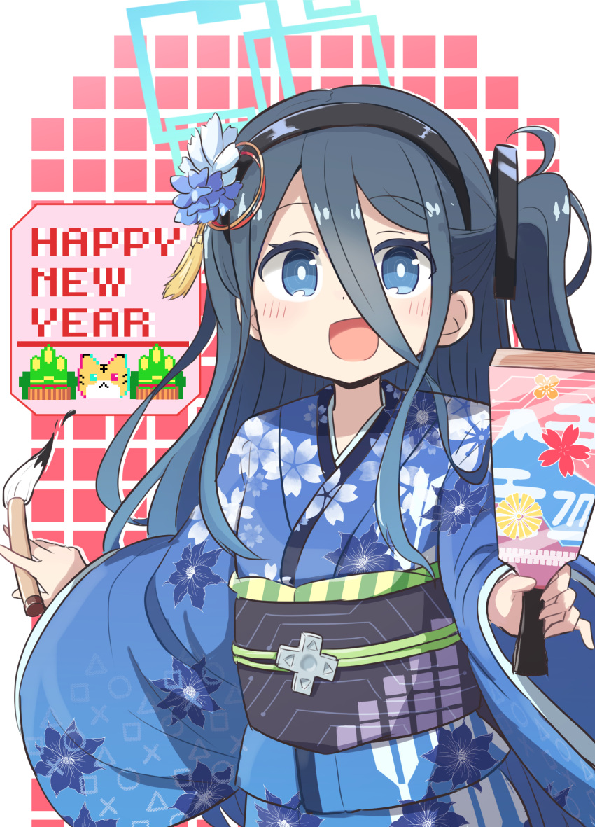 :d absurdres aris_(blue_archive) black_hair black_hairband blue_archive blue_eyes blue_flower blue_kimono blush calligraphy_brush chinese_zodiac commentary_request d-pad female floral_print flower guriin hagoita hair_between_eyes hair_flower hair_ornament hairband hanetsuki happy_new_year highres holding holding_paintbrush japanese_clothes kimono long_hair long_hair_between_eyes new_year obi one_side_up paddle paintbrush partial_commentary print_kimono sash smile solo very_long_hair white_flower year_of_the_tiger