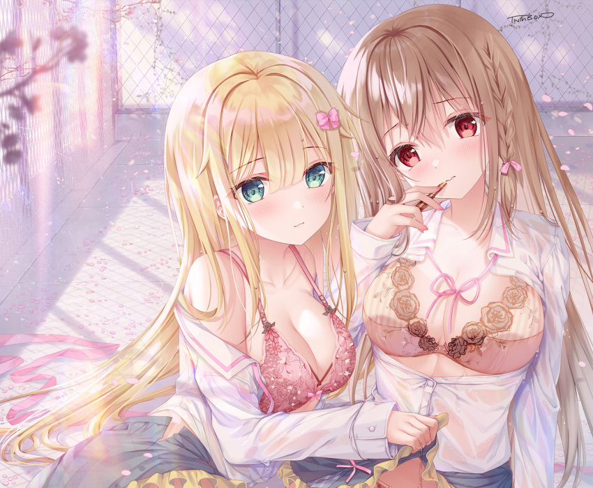 2girls blonde_hair blue_skirt bow bra braid breasts brown_hair chain-link_fence cleavage clothes_lift collared_shirt commentary_request cosmetics day fence frilled_skirt frills green_eyes hair_between_eyes hair_ribbon hairbow highres holding holding_lipstick_tube inagaki_minami large_breasts lifting_another's_clothes lipstick_tube long_hair long_sleeves maeda_shiori multiple_girls nail_polish neck_ribbon off_shoulder outdoors partially_unbuttoned petals pink_bow pink_bra pink_nails pink_ribbon red_eyes ribbon shirt signature sitting skirt skirt_lift sousouman strap_gap twinbox_school underwear very_long_hair white_shirt