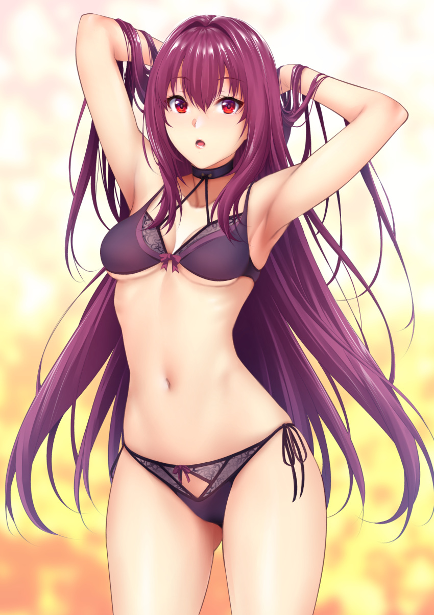 absurdres aged_down armpits arms_behind_head arms_up ass_visible_through_thighs bare_shoulders blurry blurry_background bow bow_panties bra breasts choker cleavage commentary_request cowboy_shot fantia_reward fate/grand_order fate_(series) female hair_intakes hands_in_hair highres hip_focus long_hair looking_at_viewer medium_breasts navel open_mouth paid_reward panties purple_bow purple_bra purple_hair purple_panties red_eyes scathach_(fate) side-tie_panties solo thighs underwear underwear_only zucchini