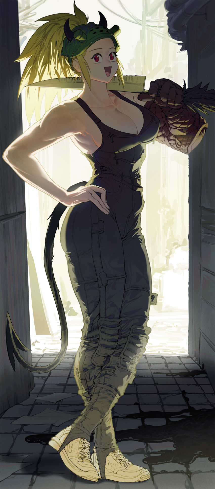 absurdres bare_arms bare_shoulders black_jumpsuit blonde_hair blood breasts building carrying_over_shoulder chipped_sword cleavage cross-laced_footwear crossed_legs day demon_girl demon_horns demon_tail doorway dorohedoro elbow_gloves empty_eyes female full_body ghdwid gloves hand_on_own_hip hand_up high_ponytail highres holding holding_knife holding_weapon horns jumpsuit kitchen_knife knee_guards knife korean_commentary large_breasts long_hair mask mask_on_head muscular muscular_female nikaidou_(dorohedoro) open_mouth oven_mitts ponytail red_eyes shoes sidelocks skin_tight sleeveless smile sneakers solo standing tail tile_floor tiles weapon white_footwear