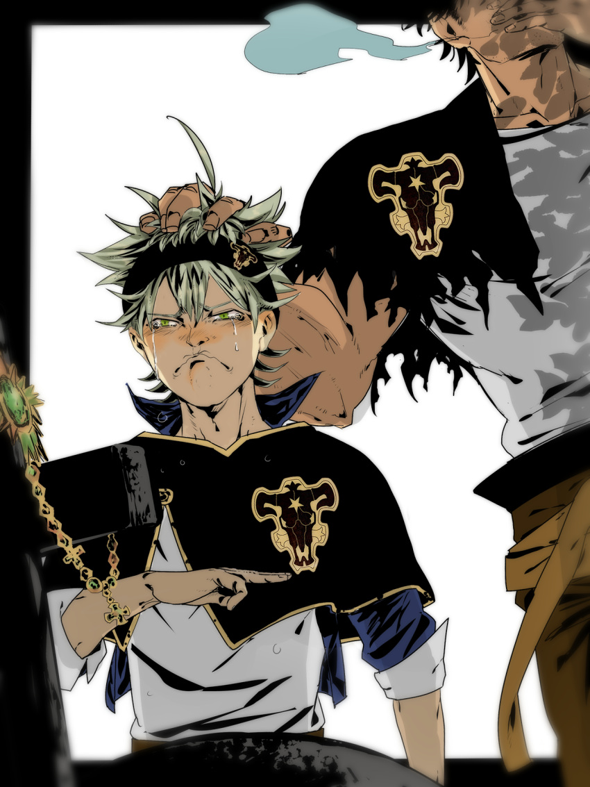 2boys asta_(black_clover) black_bulls_(emblem) black_capelet black_clover blush capelet crying crying_with_eyes_open head_out_of_frame headpat highres male_focus mature_male multiple_boys muscular muscular_male nose_blush pectorals salute short_hair smoking solo_focus tako3 tank_top tears torn_capelet torn_clothes white_tank_top yami_sukehiro