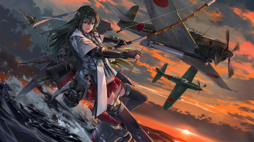 aircraft airplane arrow_(projectile) b6n_tenzan boots bow_(weapon) cloud commentary_request d4y_suisei dark_green_hair elbow_gloves female gloves green_eyes grey_sky hair_ornament hair_ribbon headband highres holding holding_arrow holding_bow_(weapon) holding_weapon japanese_clothes japanese_flag kantai_collection long_hair looking_at_viewer muneate neko_(yanshoujie) ocean official_alternate_costume partially_fingerless_gloves photoshop_(medium) ribbon sky sunset thigh_boots thighhighs torpedo twintails weapon white_headband zuikaku_(kancolle) zuikaku_kai_ni_(kancolle)