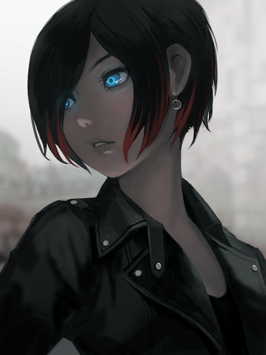 alternate_costume alternate_hair_length alternate_hairstyle black_hair blue_eyes crow_(gravity_daze) earrings female gravity_daze hair_over_one_eye highres jacket jewelry lips looking_to_the_side multicolored_hair parted_lips red_hair saitou_shunsuke short_hair solo teeth