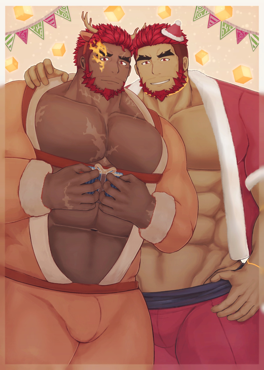 2boys abs absurdres alternate_costume animal_costume antlers bara beard bulge chest_harness christmas dark-skinned_male dark_skin eyebrow_cut facial_hair flaming_eye hand_on_another's_shoulder harness hat hephaestus_(housamo) highres horns large_pectorals male_focus mature_male mini_hat mono_(3436234) multiple_boys muscular muscular_male navel nipples pectoral_cleavage pectorals red_eyes reindeer_antlers reindeer_costume santa_costume santa_hat short_hair stomach talos_(housamo) thick_eyebrows thick_thighs thighs tokyo_afterschool_summoners underbust very_dark_skin