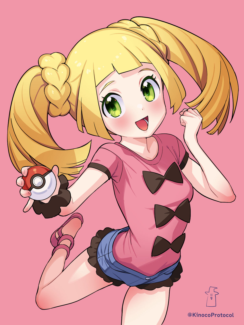 blonde_hair blue_shorts blush bow clenched_hand commentary_request cosplay eyelashes female green_eyes highres holding holding_poke_ball kinocopro leg_up lillie_(pokemon) looking_at_viewer lower_teeth_only open_mouth pink_background pink_footwear pink_shirt poke_ball poke_ball_(basic) pokemon pokemon_sm pokemon_xy shauna_(pokemon) shauna_(pokemon)_(cosplay) shirt shoes short_sleeves shorts simple_background solo teeth tongue twintails twitter_username watermark wrist_cuffs