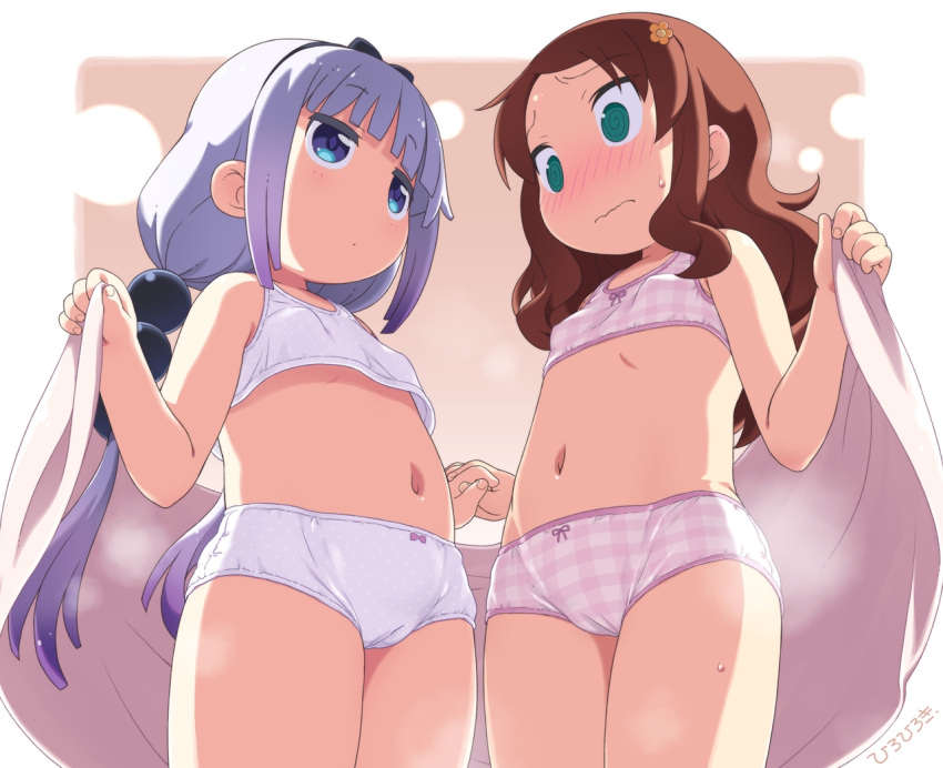 2girls @_@ bangs blue_eyes blunt_bangs brown_hair closed_mouth commentary_request eyebrows_visible_through_hair flower green_eyes hair_flower hair_ornament hiro_hiroki kanna_kamui kobayashi-san_chi_no_maidragon long_hair looking_at_another low_twintails midriff multiple_girls navel panties pink_panties saikawa_riko short_hair thighs twintails underwear underwear_only wavy_mouth white_hair white_panties