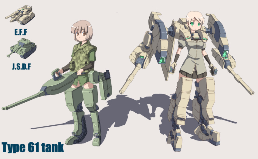 2girls armor blonde_hair breasts brown_eyes caterpillar_tracks commentary_request emblem english_text flat_chest goroplus green_eyes gun gundam japan_ground_self-defense_force japan_self-defense_force light_brown_hair mecha_musume military military_vehicle motor_vehicle multiple_girls name_connection personification shirt short_hair skirt tank type_61_(gundam) type_61_(tank) vehicle_and_personification weapon