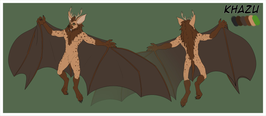 absurd_res antlers bat brown_body brown_fur fangs fur gnoll green_background green_eyes hi_res horn hyena joerat long_ears male mammal membrane_(anatomy) membranous_wings model_sheet simple_background solo spots teeth wings