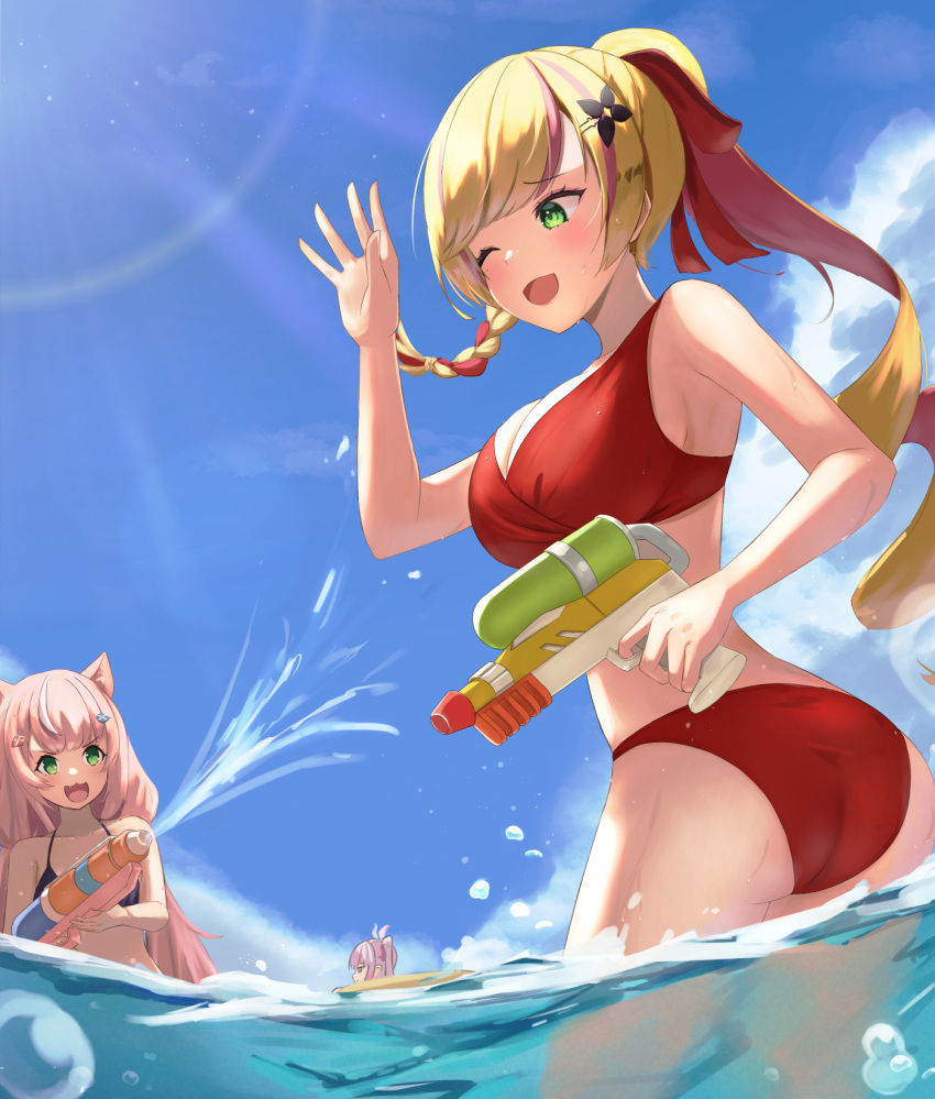 3girls :3 animal_ears ass bikini blonde_hair braid breasts cat_ears cleavage green_eyes highres long_hair medium_breasts multiple_girls na_sera nijisanji nijisanji_kr one_eye_closed open_mouth outdoors pink_hair ponytail red_bikini seffyna side_braid smile swimsuit takechi49 twintails twisted_torso virtual_youtuber water yang_nari