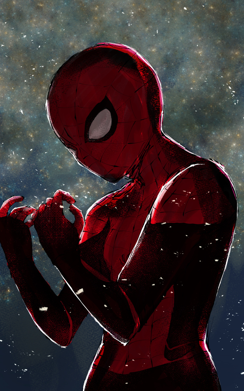 1boy backlighting bodysuit commentary_request galaxy hands_up highres kaikoba_mothra light_particles looking_down male_focus marvel marvel_cinematic_universe partial_commentary peter_parker red_bodysuit sky solo spider-man spider-man:_far_from_home spider-man_(series) star_(sky) starry_sky upper_body white_eyes