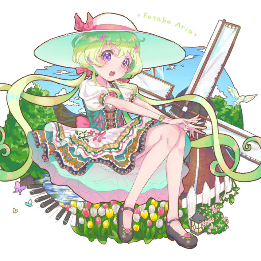 :o aikatsu!_(series) aikatsu_stars! bird black_footwear bloomers bow bug butterfly day dress female fence floral_print flower full_body futaba_aria green_hair hair_flower hair_ornament hairbow lantern layered_dress long_hair low_twintails mary_janes outdoors outstretched_arms piano_keys puffy_sleeves purple_eyes shoes sky solo tareme tree tulip twintails underwear very_long_hair wavy_hair white_background white_dress white_headwear windmill zeroarchive00