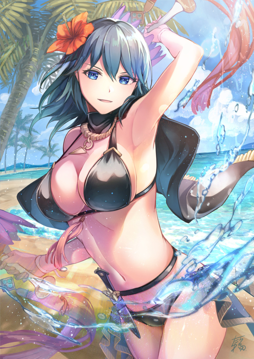 arm_up armpits bare_shoulders beard bikini black_bikini black_cape blue_eyes blue_hair blue_sky breasts byleth_(female)_(fire_emblem) byleth_(female)_(summer)_(fire_emblem) byleth_(fire_emblem) cape cleavage cloud collarbone commentary_request cowboy_shot dagger day facial_hair female fire_emblem fire_emblem:_three_houses fire_emblem_heroes flower hair_between_eyes hair_flower hair_ornament hibiscus highres holding holding_weapon knife large_breasts lens_flare long_hair looking_at_viewer navel ocean official_alternate_costume outdoors palm_tree parted_lips ribbon shadow sheath sheathed sidelocks sign signature sky smile solo standing stomach swimsuit tarayuki tassel tree water_drop weapon wrist_ribbon