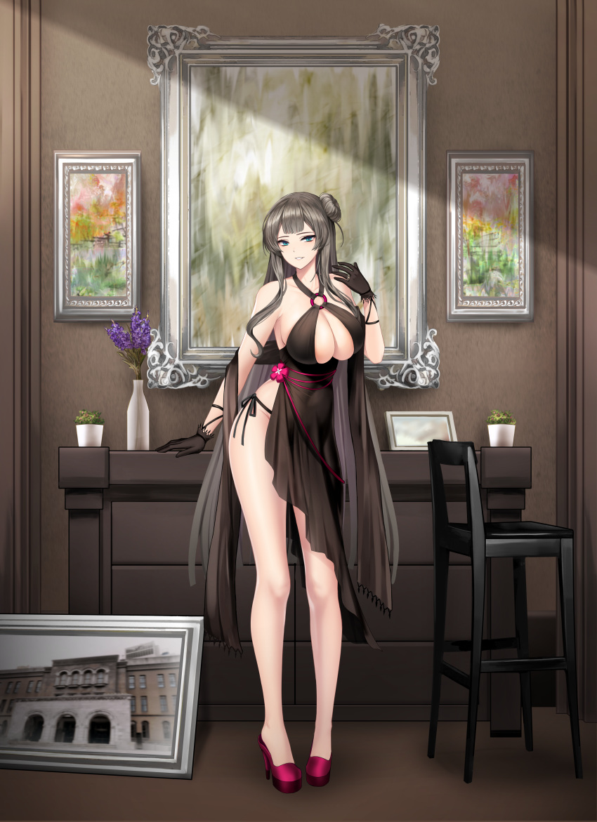 absurdres bare_legs bare_shoulders bindong black_dress black_gloves blue_eyes breasts chair cleavage cocktail_dress counter:side covered_navel criss-cross_halter dress female full_body gloves grey_hair grin hair_bun halterneck hand_up high_heels highres indoors jaina_kropel large_breasts long_hair long_legs looking_at_viewer o-ring panties pink_footwear replacer_queen side-tie_panties side-tie_peek side_slit single_side_bun sleeveless sleeveless_dress smile solo standing string_panties thighs underwear very_long_hair