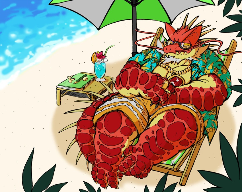 2022 anthro beach beverage bottomwear chair closed_eyes clothed clothing detailed_background eyewear furniture glasses humanoid_hands iguana iguanid itzamna_(tas) kemono lifewonders lizard male okudami open_clothing open_shirt open_topwear overweight overweight_male red_body reptile scalie seaside shirt shorts sitting solo tokyo_afterschool_summoners topwear water