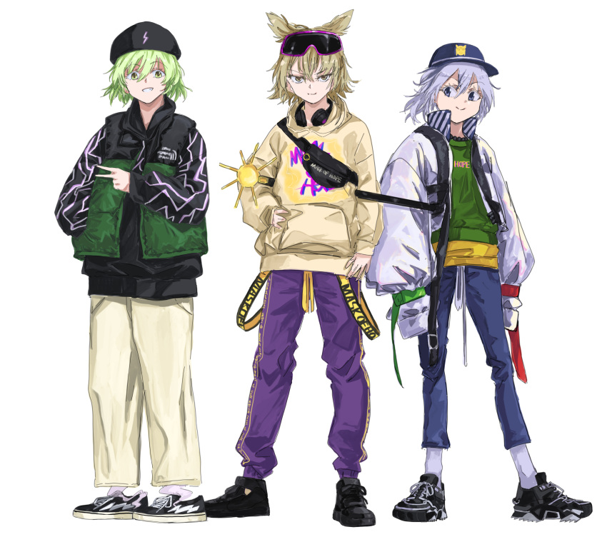 3girls adapted_costume alternate_costume black_headwear blonde_hair blue_eyes blue_headwear breasts clothes_writing contemporary denim eyewear_on_head fanny_pack ghost_tail green_eyes green_hair green_sweater grey_hair hat headphones headphones_around_neck highres hood hoodie jacket jeans jichou_senshi lightning_bolt_symbol long_hair medium_hair mononobe_no_futo multicolored_clothes multiple_girls pants pointy_hair ponytail purple_pants ritual_baton shirt shoes short_hair sleeves_past_fingers sleeves_past_wrists small_breasts sneakers socks soga_no_tojiko streetwear sweater sword touhou toyosatomimi_no_miko vest weapon white_pants yellow_eyes yellow_hoodie yellow_shirt