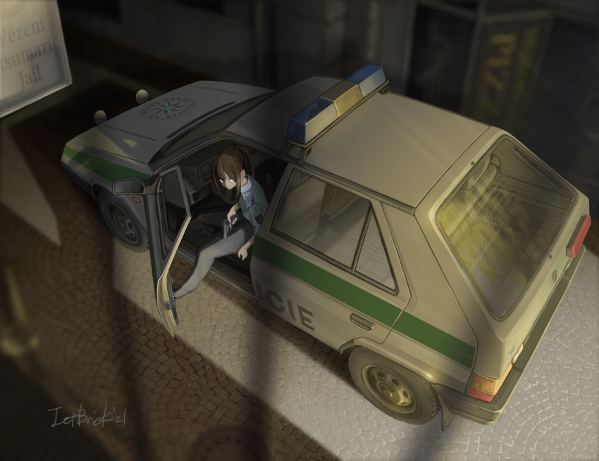 artist_name blue_shirt brown_hair car collared_shirt commentary_request czech_republic female from_above gun handgun holding holding_gun holding_weapon jettoburikku motor_vehicle original police police_car ponytail shirt sitting skoda skoda_favorit solo vehicle_focus weapon