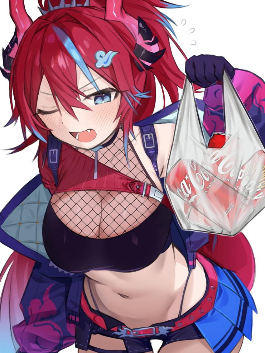 absurdres asymmetrical_clothes bag bandeau belt black_bandeau blue_hair blue_shorts blue_skirt blush breasts can cleavage cloud_hair_ornament coca-cola crop_top dragon_girl dragon_horns dragon_tail female fishnets flying_sweatdrops hair_ornament highleg highleg_panties highres holding holding_bag horns idol_corp inami_yoki_(artist) jacket kai_saikota large_breasts leaning_forward long_hair looking_at_viewer midriff miniskirt multicolored_hair navel oerba_yun_fang open_clothes open_jacket open_mouth panties plastic_bag pleated_skirt ponytail purple_jacket red_belt red_hair red_horns red_tail short_shorts shorts simple_background single_bare_shoulder skirt solo stomach streaked_hair suspenders tail underwear virtual_youtuber white_background