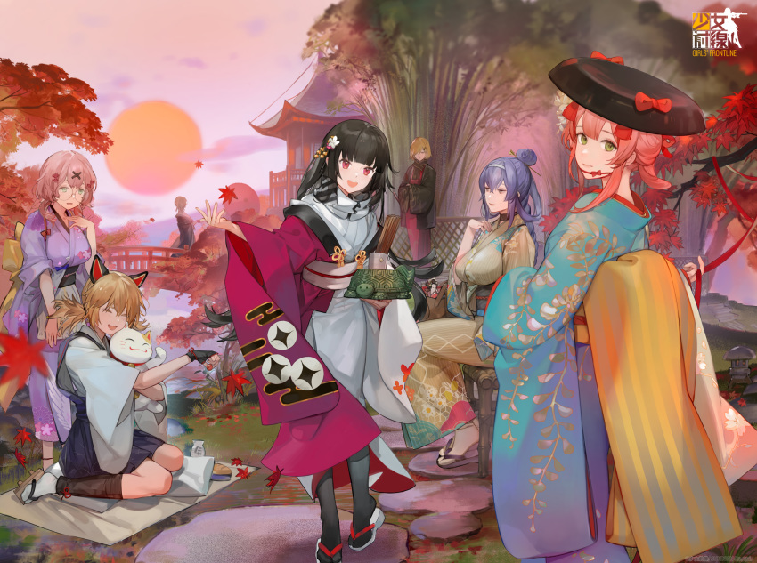 animal_ears anthro autumn black_hair blonde_hair blue_hair dp-12_(girls_frontline) girls_frontline glasses gloves gray_eyes hat idw_(girls_frontline) japanese_clothes kimono logo long_hair mg36_(girls_frontline) mg5_(girls_frontline) pink_hair purple_eyes r93_(girls_frontline) short_hair stockings tabuk_(girls_frontline) tagme_(artist) twintails type_100_(girls_frontline)