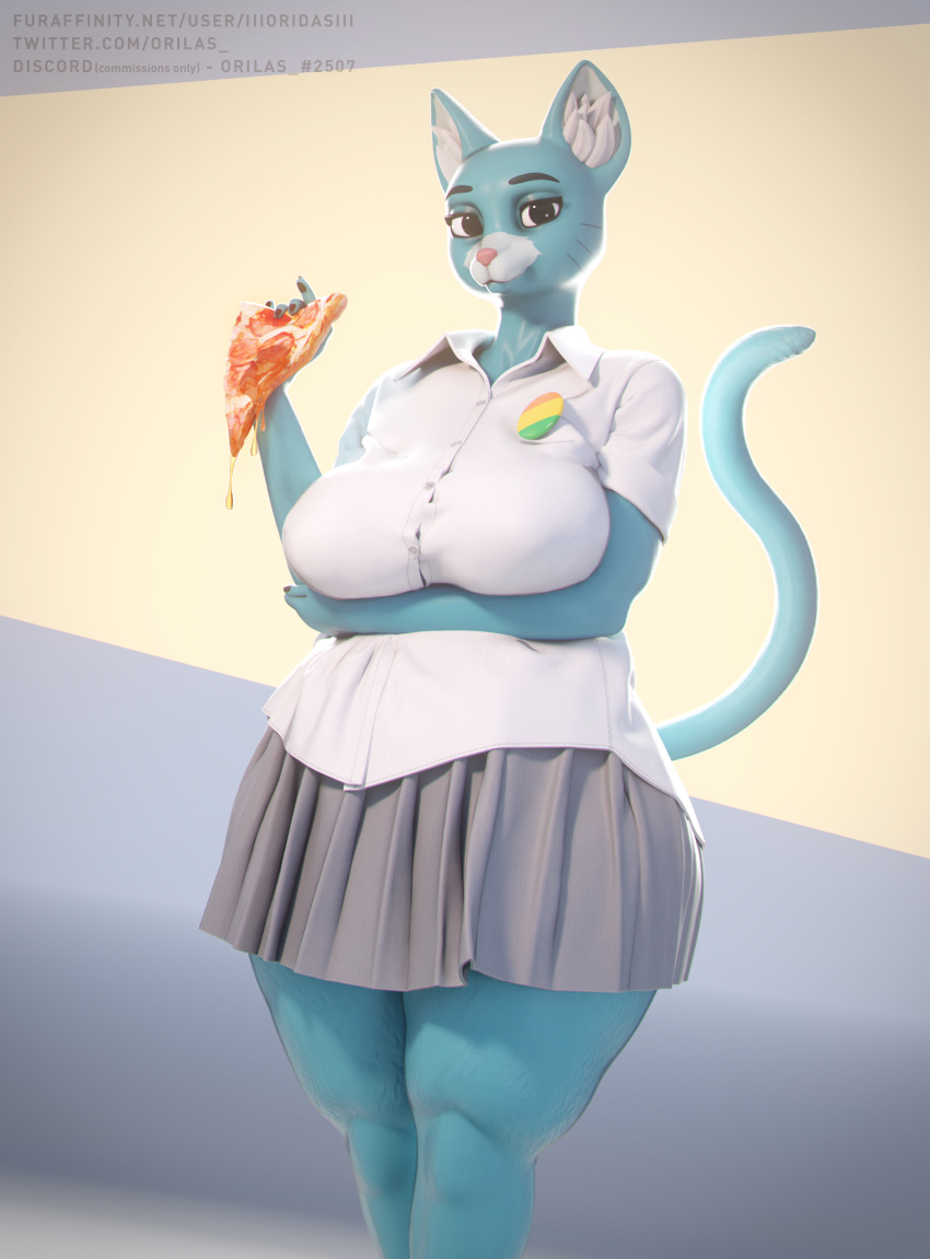 2022 3d_(artwork) 5_fingers absurd_res anthro ass big_breasts black_eyes blender_(artwork) blue_body blue_fur breasts cartoon_network clothed clothing curvy_figure decorative_pin digital_media_(artwork) domestic_cat felid feline felis female fingers food fur hi_res holding_food holding_object looking_at_viewer mammal mature_anthro mature_female nicole_watterson orilas overweight overweight_female pizza simple_background smile solo the_amazing_world_of_gumball thick_thighs voluptuous wide_hips