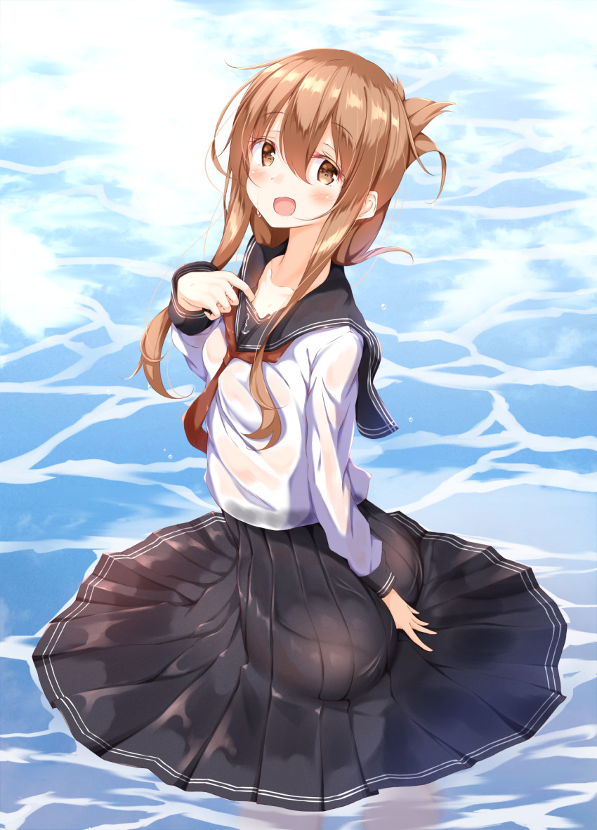 :d ass bad_anatomy bad_ass bad_id bad_nicoseiga_id black_sailor_collar black_skirt blush brown_eyes brown_hair circle_skirt commentary_request female folded_ponytail from_side hair_between_eyes highres inazuma_(kancolle) kantai_collection long_hair long_neck long_sleeves neckerchief numpopo open_mouth partially_submerged pleated_skirt red_neckerchief revision sailor_collar school_uniform serafuku skirt smile solo water