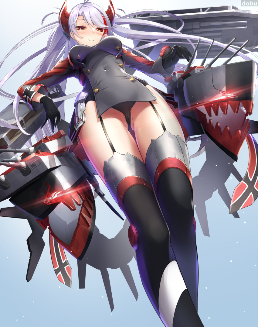 antenna_hair artist_name ass_visible_through_thighs azur_lane black_choker black_gloves black_thighhighs blush breasts brown_eyes choker closed_mouth commentary_request covered_navel cowboy_shot cross cross_earrings dobunezumi earrings female flag_print from_below garter_straps glint gloves gradient_background highres iron_cross jewelry large_breasts leotard long_hair long_sleeves looking_at_viewer looking_down machinery multicolored_hair pelvic_curtain prinz_eugen_(azur_lane) red_hair rigging sideboob smile solo standing streaked_hair swept_bangs thigh_gap thigh_strap thighhighs thighs turret two_side_up very_long_hair white_hair