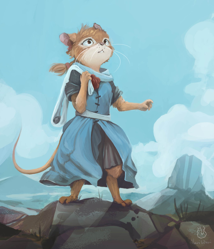 anthro brown_body brown_fur clothed clothing cloud dress female fur hair hi_res holding_object improvised_sling_(weapon) improvised_weapon laterose_of_noonvale mammal mouse murid murine naviwavi pink_nose redwall rodent seashore sky sling_(weapon) solo standing tied_hair whiskers